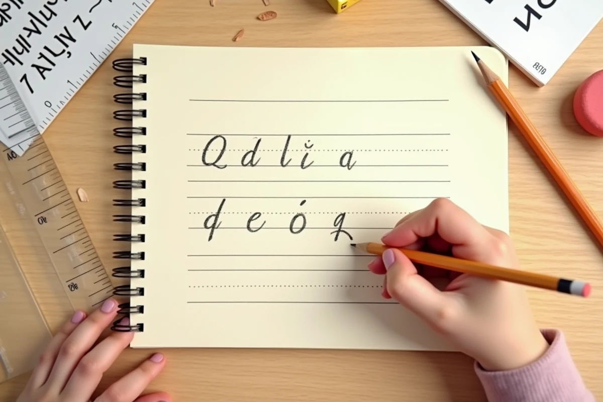 Gros plan sur la main d'un enfant écrivant des Q majuscules en cursive au crayon dans un cahier Seyes français posé sur une table en bois clair avec des fournitures scolaires