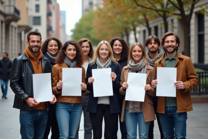 Groupe d'adultes divers avec posters de prevention en ville