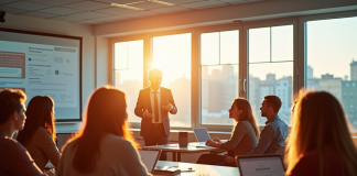 Groupe divers d'adultes en formation dans une salle lumineuse