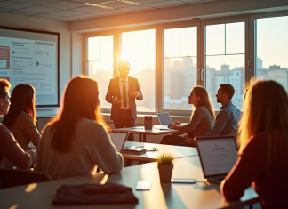 Formation continue : conditions pour en bénéficier et les avantages associés Groupe divers d'adultes en formation dans une salle lumineuse