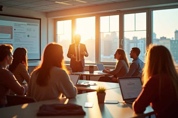 Groupe divers d'adultes en formation dans une salle lumineuse