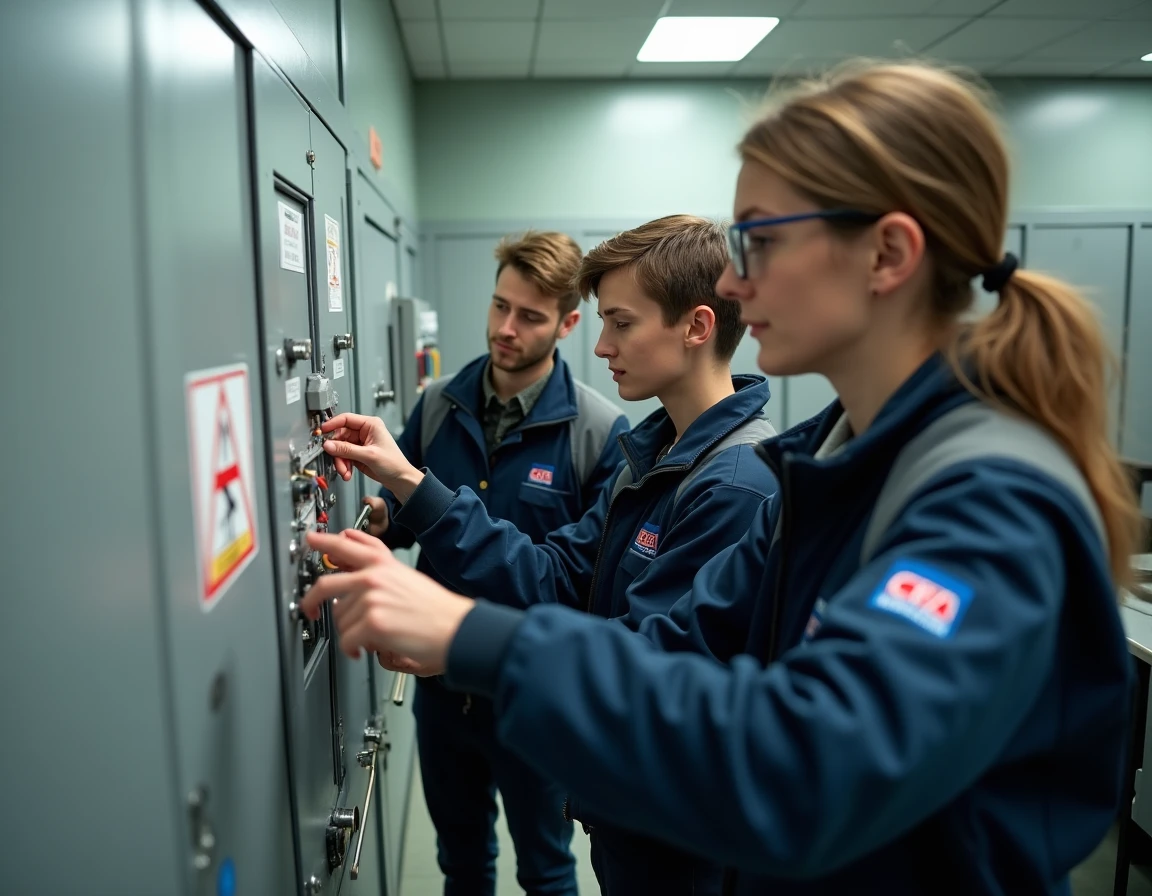 Groupe d'apprentis en habilitation électrique Habilec 8 travaillant sur panneau électrique encadrés par une formatrice CFA