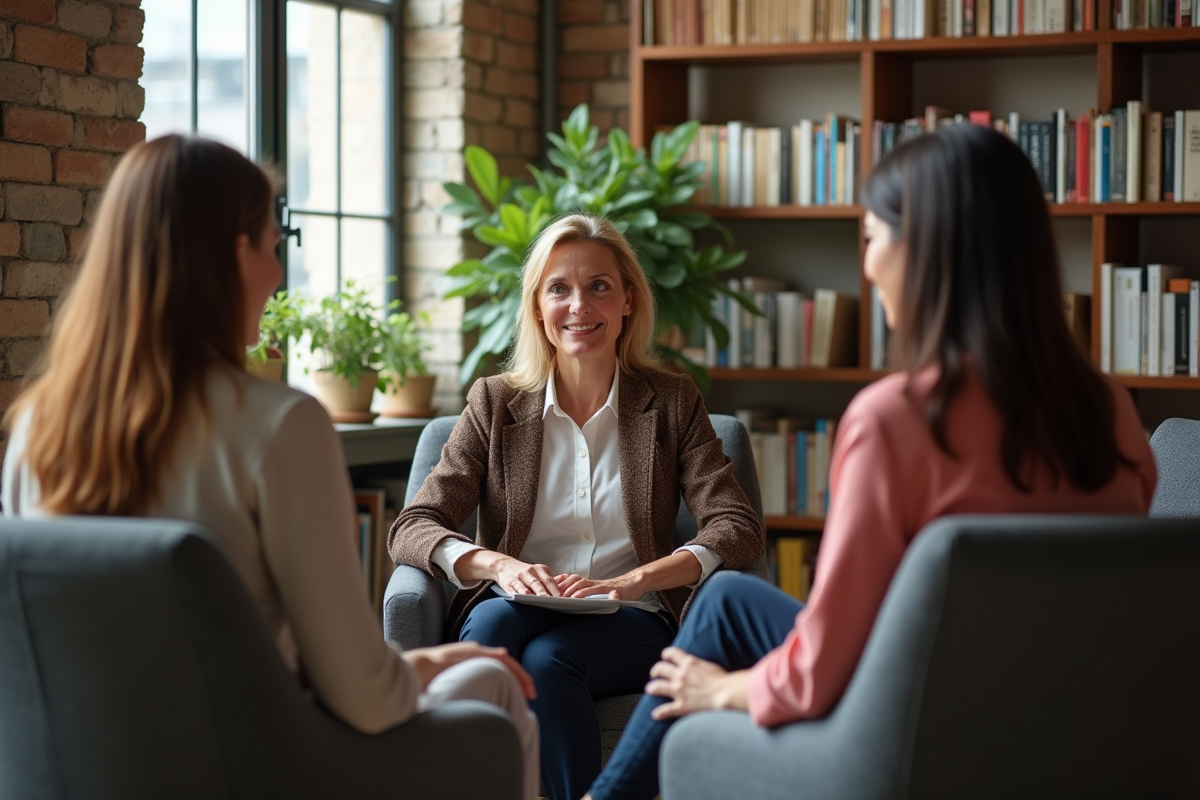 Groupe de coaching diversifie en séance dans un espace convivial