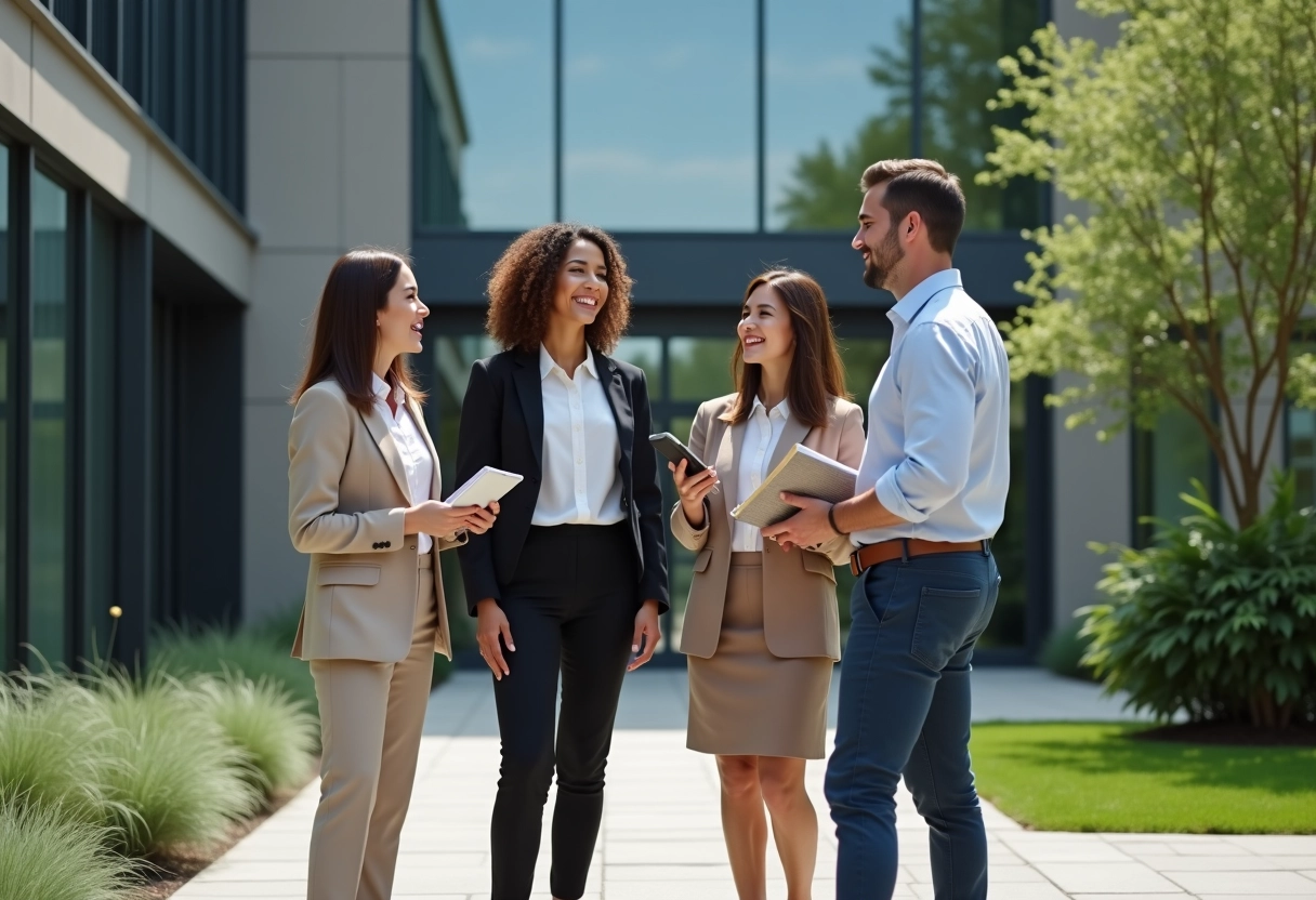 Groupe de professionnels discutant en extérieur devant un bâtiment