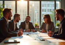 Groupe de collègues discutant autour d'une table ensoleillée