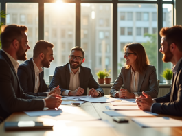 Les qualités cachées de A&TA révélées Groupe de collègues discutant autour d'une table ensoleillée