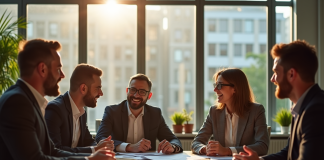 Groupe de collègues discutant autour d'une table ensoleillée