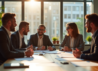 Les qualités cachées de A&TA révélées Groupe de collègues discutant autour d'une table ensoleillée