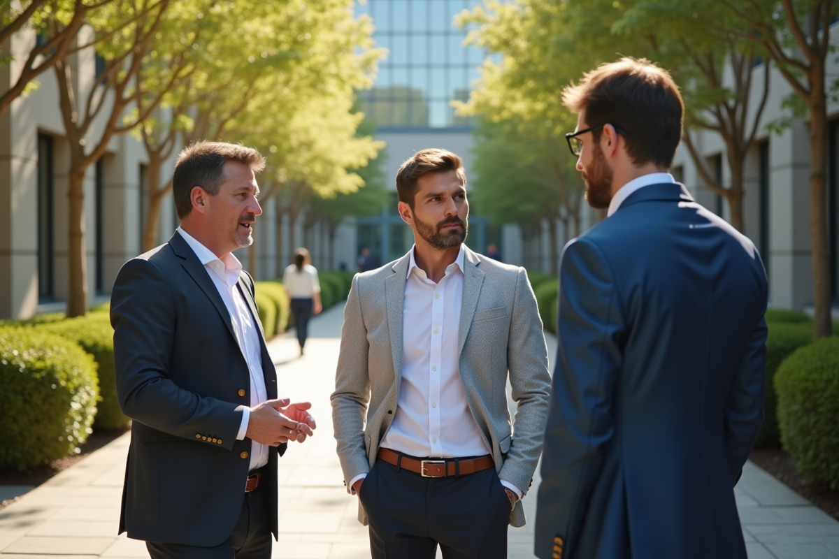 Groupe de trois personnes discutant dans une cour ensoleillee