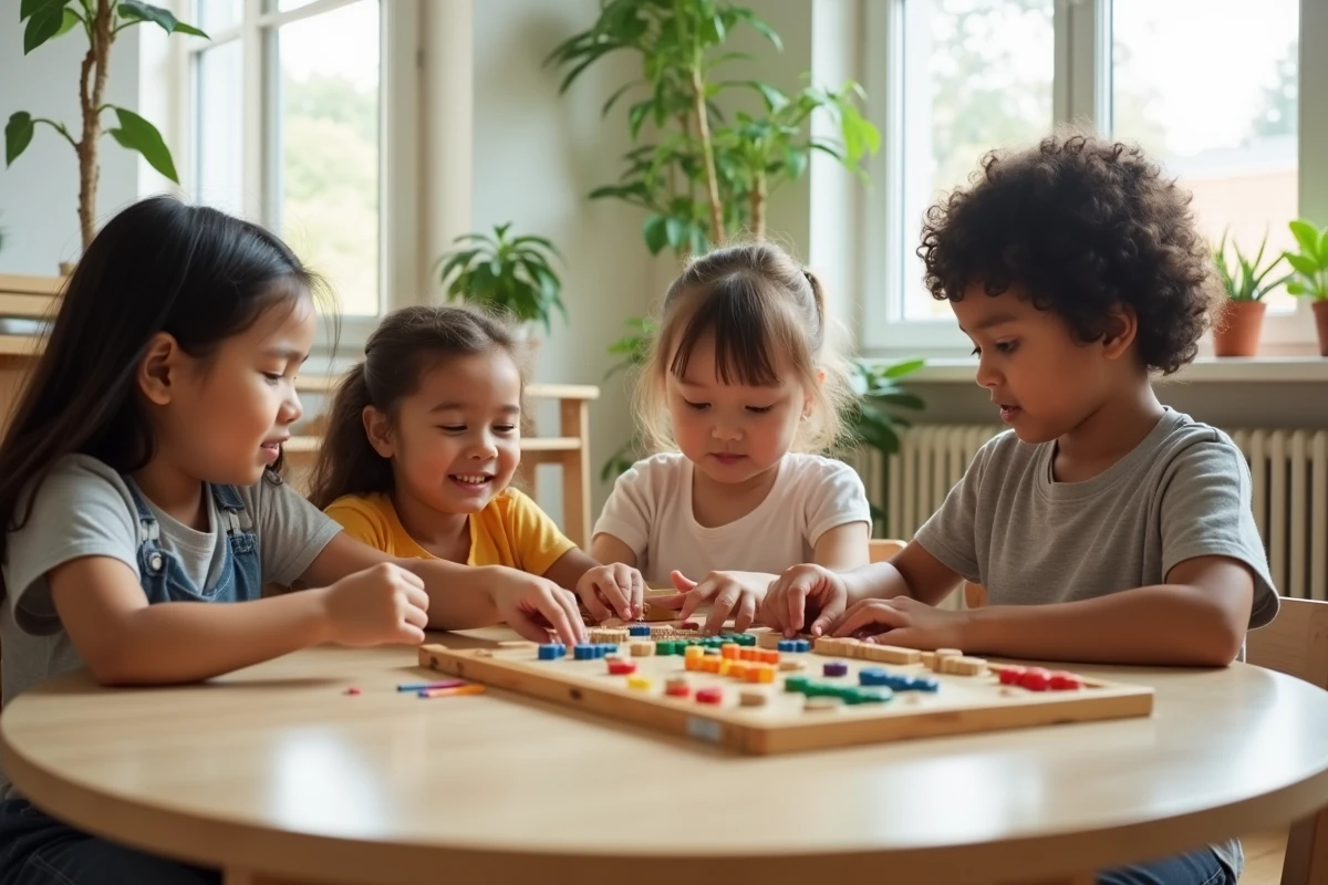 Enfants collaborant avec barres de multiplication Montessori