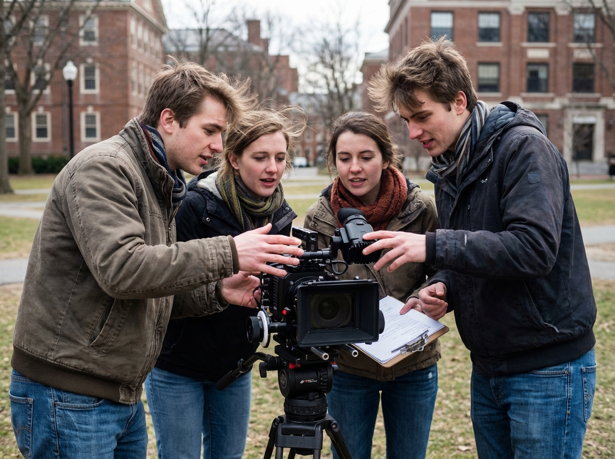Trois étudiants en tournage en extérieur