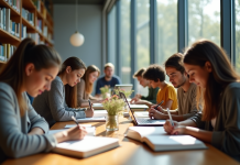 Groupe d'étudiants divers à la bibliothèque moderne
