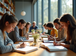 Comment préparer et réussir son examen de BTS en communication ? Groupe d'étudiants divers à la bibliothèque moderne