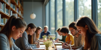 Groupe d'étudiants divers à la bibliothèque moderne