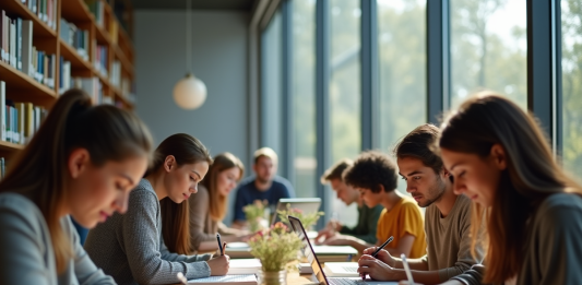 Groupe d'étudiants divers à la bibliothèque moderne