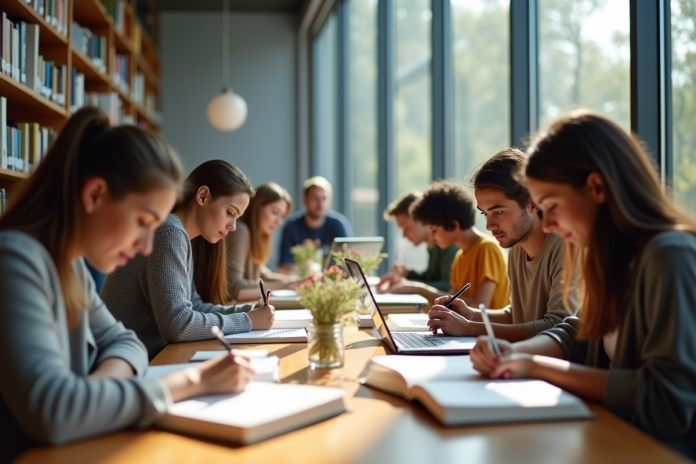 Groupe d'étudiants divers à la bibliothèque moderne