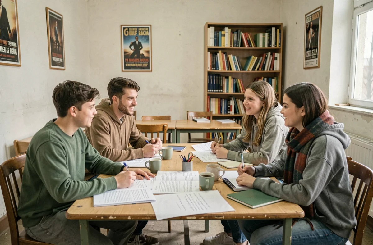 Groupe d'étudiants du Cours Florent analysant un texte ensemble en salle de cours
