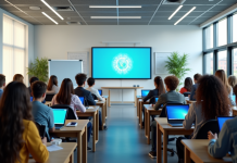 Groupe d'étudiants dans une salle moderne avec tablettes et tableau interactif
