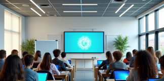 Groupe d'étudiants dans une salle moderne avec tablettes et tableau interactif