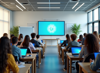IA et éducation : comment les outils d’intelligence artificielle peuvent transformer l’enseignement Groupe d'étudiants dans une salle moderne avec tablettes et tableau interactif