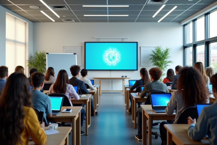 Groupe d'étudiants dans une salle moderne avec tablettes et tableau interactif