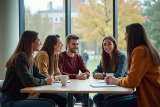 Groupe d'étudiants universitaires en groupe dans un lounge moderne