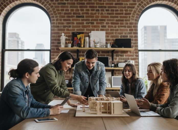 Groupe de jeunes adultes créatifs dans un espace coworking