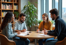 Exemple de théorie socioculturelle mise en pratique : tout savoir pour mieux comprendre Groupe d'étudiants jeunes en discussion dans un lounge universitaire