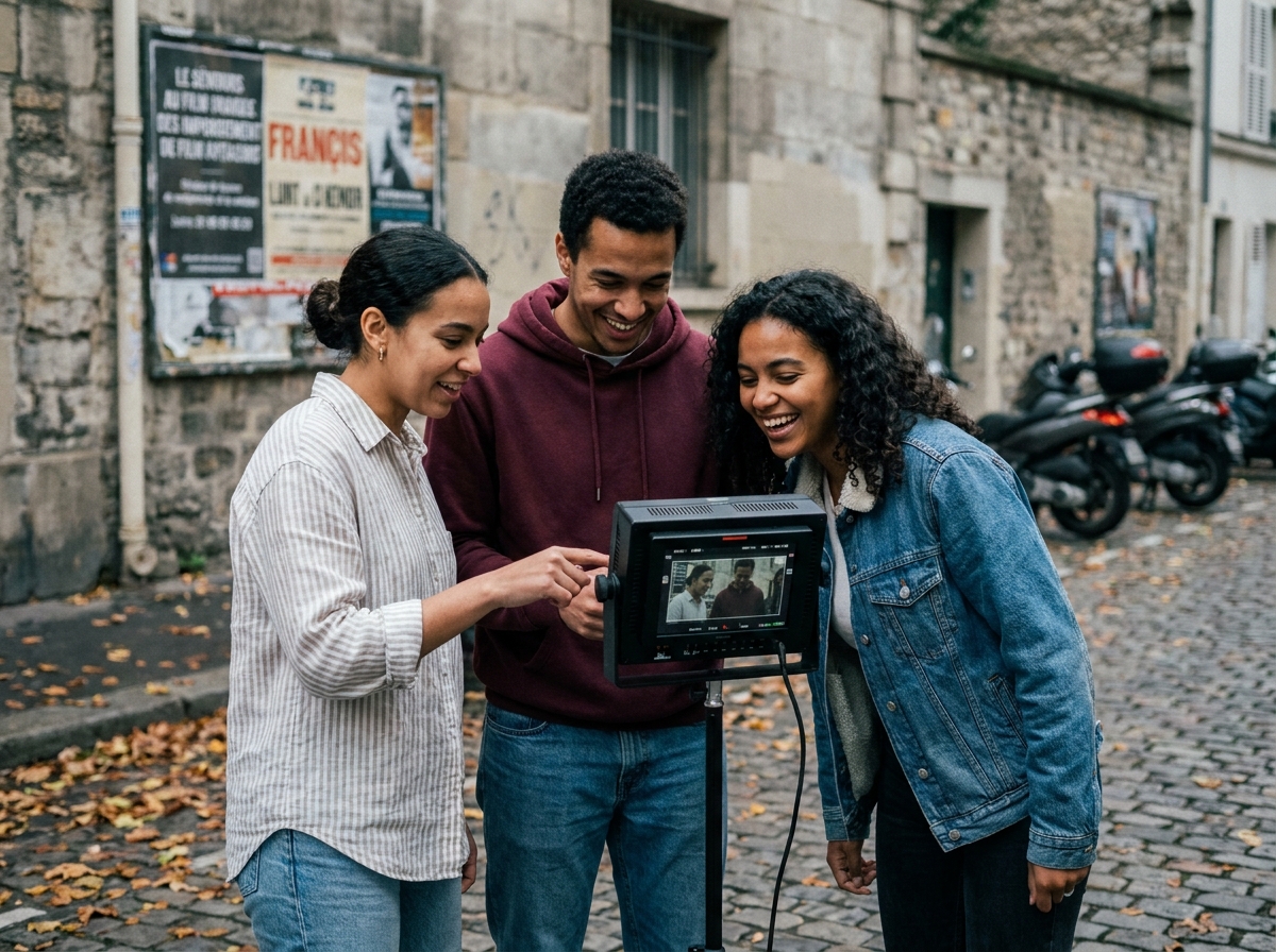 Groupe de jeunes professionnels du cinéma discutant autour d'un moniteur de réalisation en extérieur à Paris, formation alternative aux métiers du cinéma