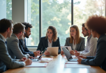 Groupe de professionnels en réunion dans un bureau lumineux