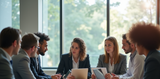 Groupe de professionnels en réunion dans un bureau lumineux