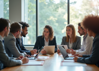 Groupe de professionnels en réunion dans un bureau lumineux
