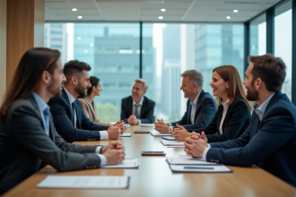 Groupe de professionnels en réunion dans une salle moderne