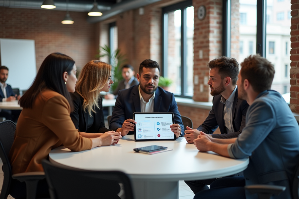 Professionnels en réunion discutant stratégies de social selling
