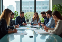 Groupe de professionnels en réunion dans un bureau moderne