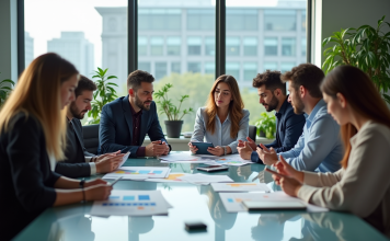 Plan d’innovation : définition, objectif et enjeux pour les entreprises Groupe de professionnels en réunion dans un bureau moderne