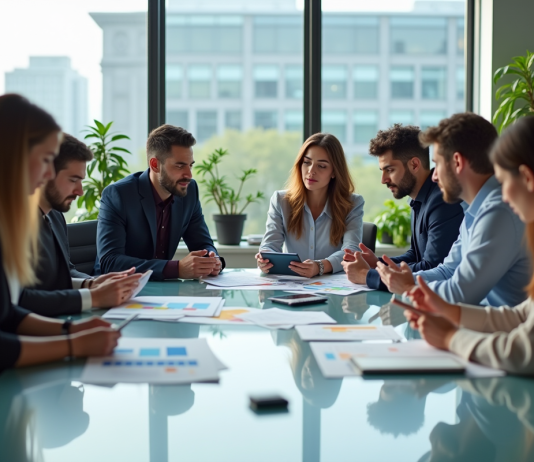 Groupe de professionnels en réunion dans un bureau moderne