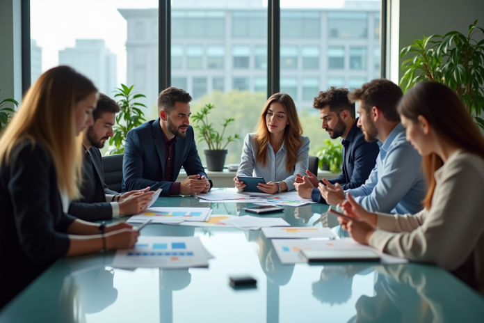 Groupe de professionnels en réunion dans un bureau moderne