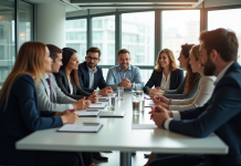 Groupe de professionnels en réunion d'équipe dynamique