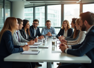 Groupe de professionnels en réunion d'équipe dynamique