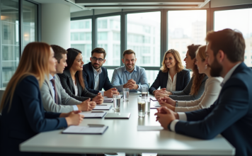 Attitudes de leadership : développer les clés du succès en entreprise Groupe de professionnels en réunion d'équipe dynamique