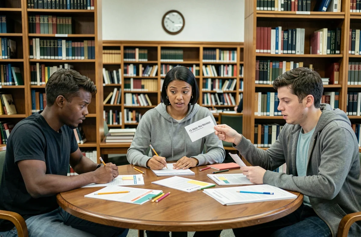 Groupe d'adultes analysant les résultats d'un test de QI autour d'une table dans une bibliothèque universitaire