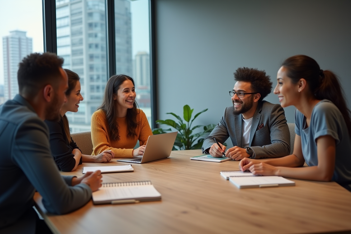 Groupe de quatre jeunes adultes en réunion dans une salle lumineuse