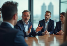 Homme d'affaires en costume bleu parle en réunion