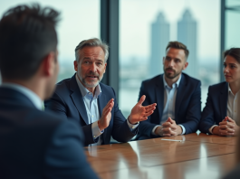 Leader et leadership : différence et rôles clés à connaître Homme d'affaires en costume bleu parle en réunion