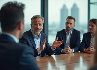 Leader et leadership : différence et rôles clés à connaître Homme d'affaires en costume bleu parle en réunion
