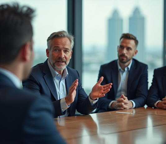 Leader et leadership : différence et rôles clés à connaître Homme d'affaires en costume bleu parle en réunion