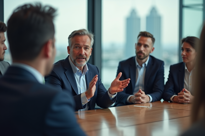 Homme d'affaires en costume bleu parle en réunion