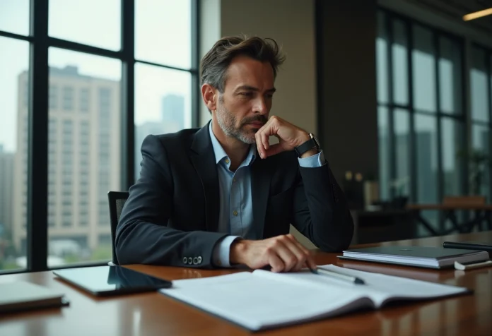 homme-affaires-bureau Homme d'affaires en tenue professionnelle dans un bureau moderne