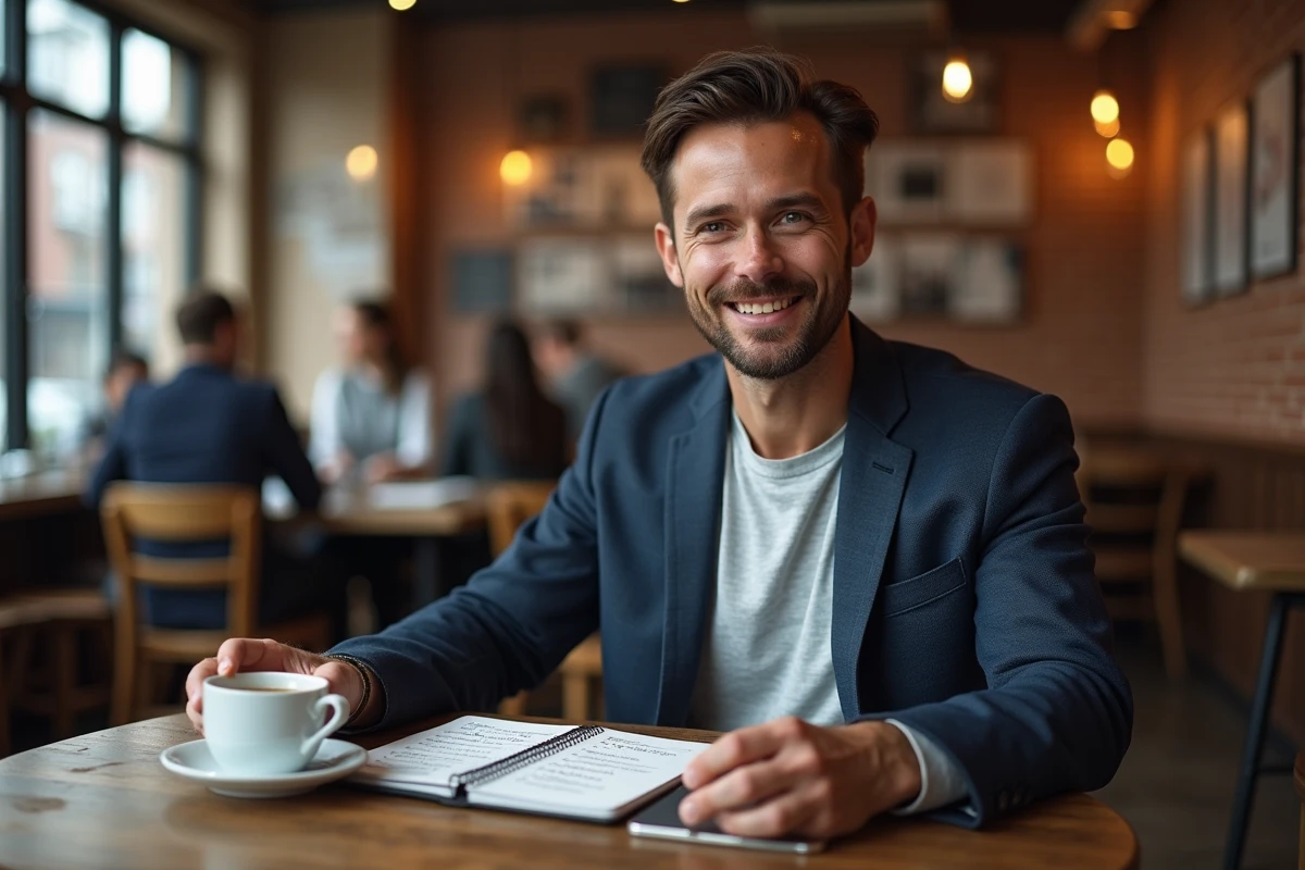 Homme d'affaires consultant des formules d'email professionnel en anglais dans un café urbain
